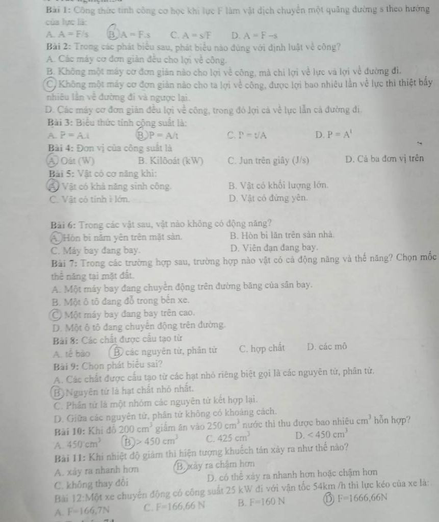 Bai 1: Công thức tính công cơ học khi lực F làm vật dịch chuyển một ...