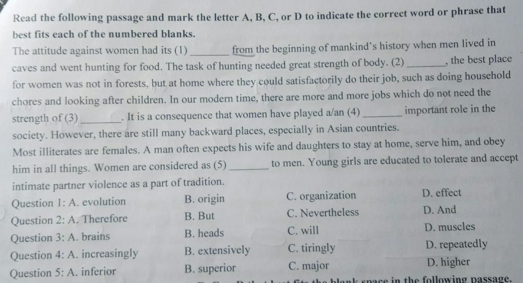 Read The Following Passage And Mark The Letter A, B, C, Or D To ...