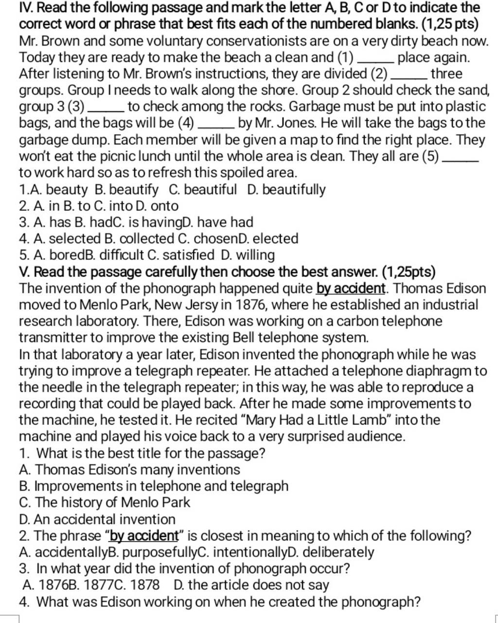 IV. Read The Following Passage And Mark The Letter A, B, C Or D To ...