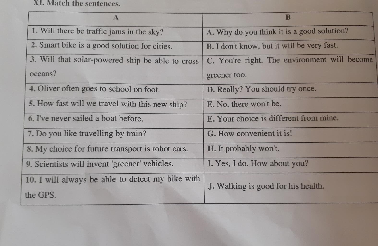 XI. Match The Sentences. A 1. Will There Be Traffic Jams In The Sky? 2 ...