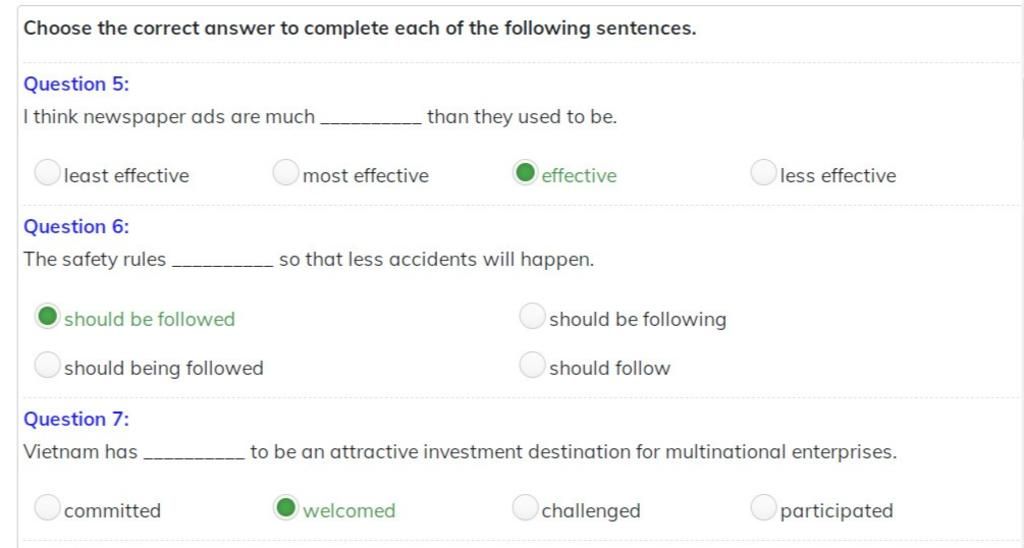 Choose the correct answer to complete each of the following sentences ...