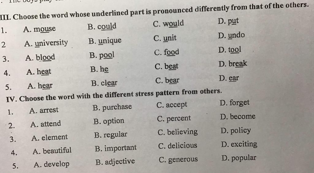 III. Choose The Word Whose Underlined Part Is Pronounced Differently ...