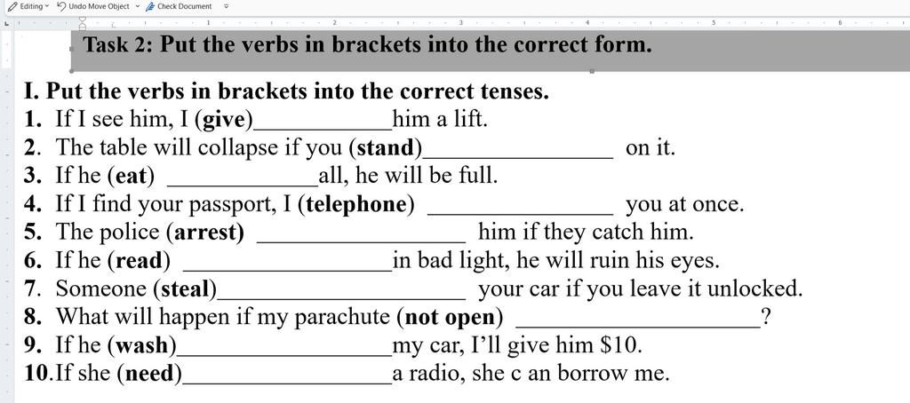 Editing Undo Move Object Check Document Task 2: Put the verbs in ...