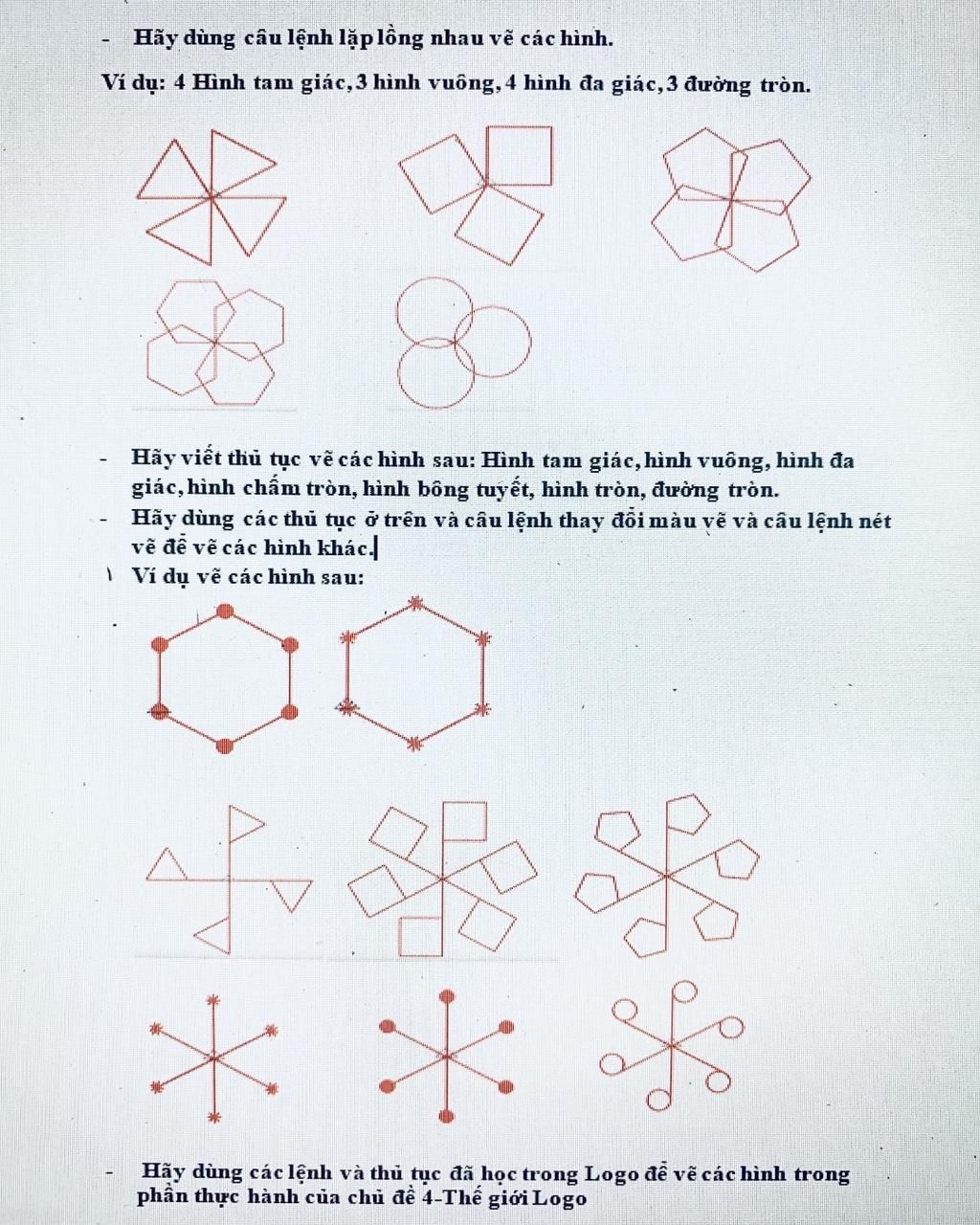 Hãy dùng câu lệnh lặp lồng nhau vẽ các hình. Ví dụ: 4 Hình tam ...