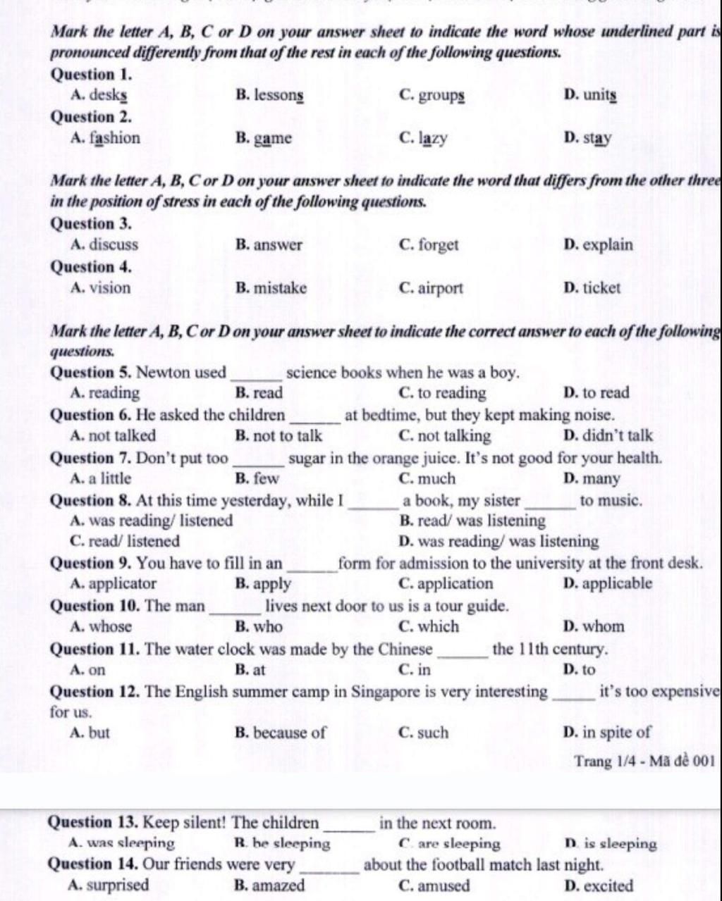 Mark The Letter A, B, C Or D On Your Answer Sheet To Indicate The Word ...