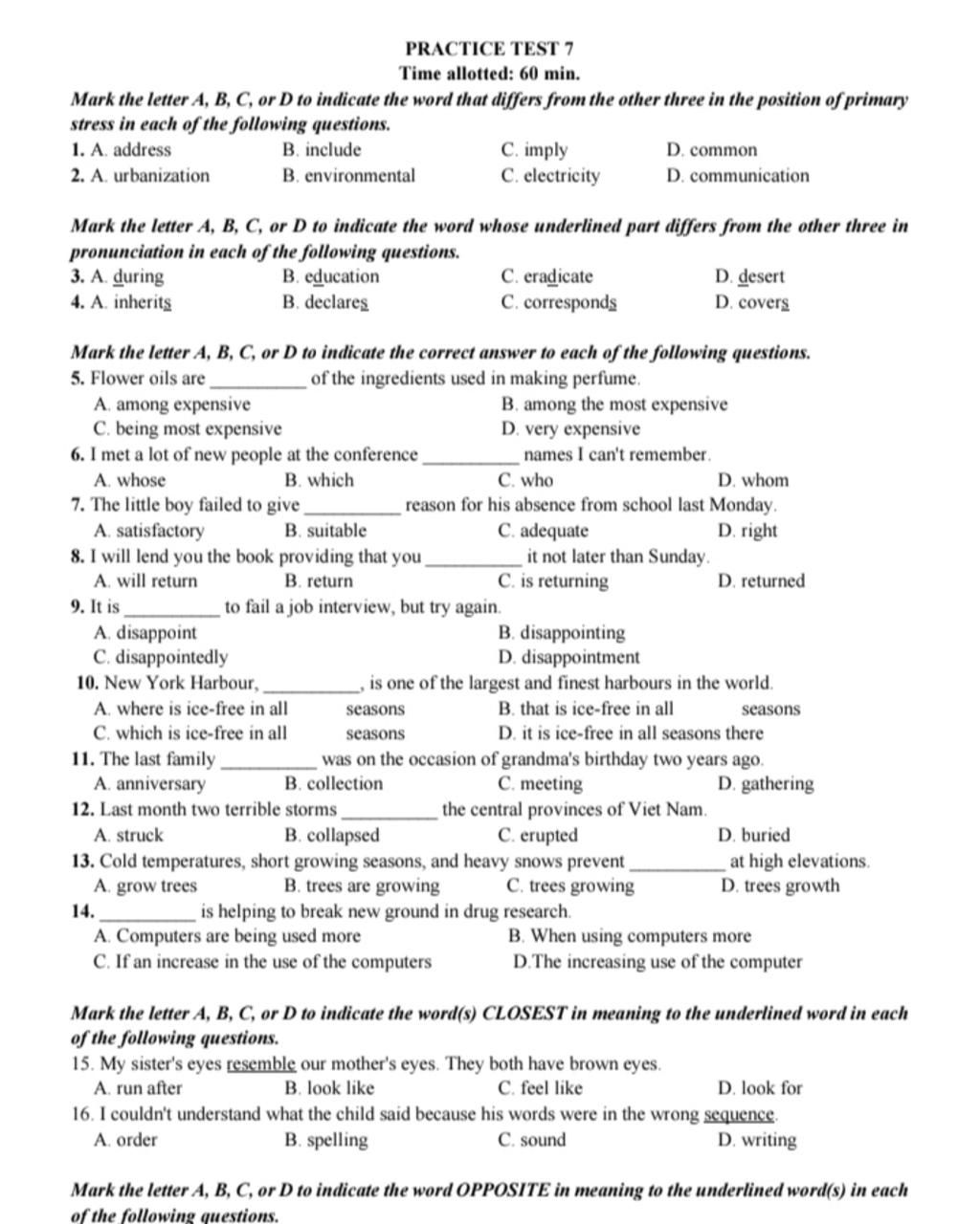 PRACTICE TEST 7 Time Allotted: 60 Min. Mark The Letter A, B, C, Or D To ...