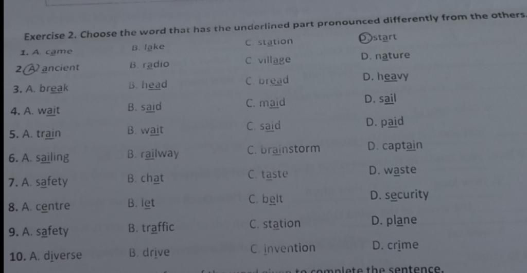 Exercise 2. Choose The Word That Has The Underlined Part Pronounced ...