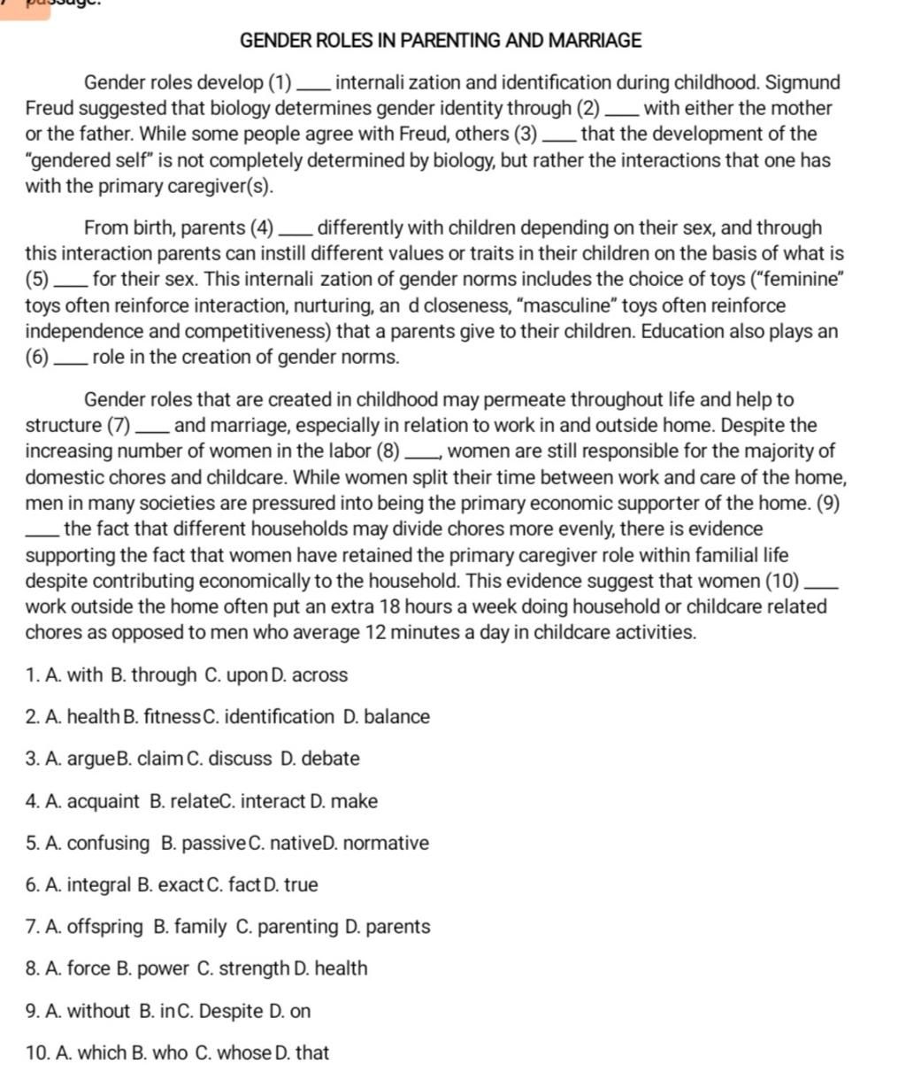 GENDER ROLES IN PARENTING AND MARRIAGE Gender roles develop (1 ...