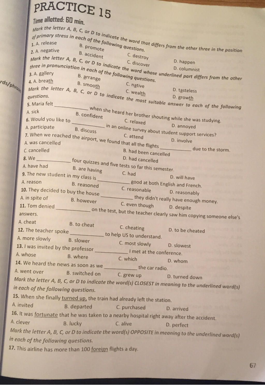 Rds/phrase PRACTICE 15 Time Allotted: 60 Min. Mark The Letter A, B, C ...