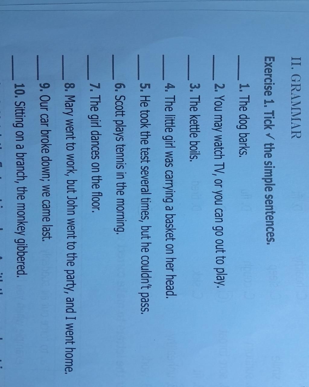 II. GRAMMAR Exercise 1. Tick the simple sentences. 1. The dog barks. 2. You may watch TV, or you