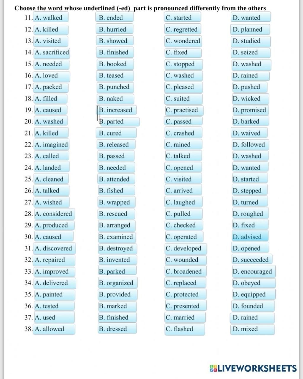 Choose The Word Whose Underlined (-ed) Part Is Pronounced Differently ...