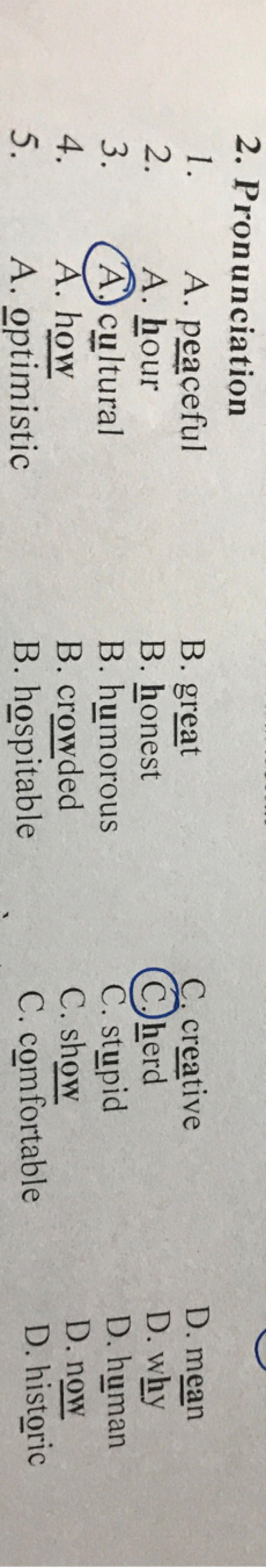 2. Pronunciation 1. UAWN A. peaceful A. hour cultural A A. how A