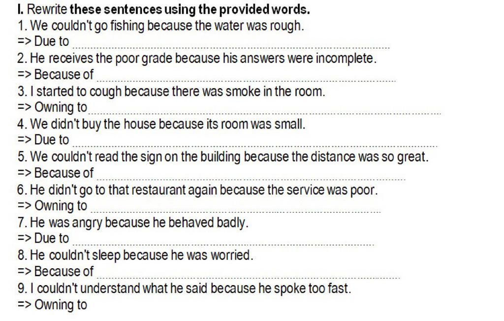 I. Rewrite these sentences using the provided words. 1. We couldn't go ...