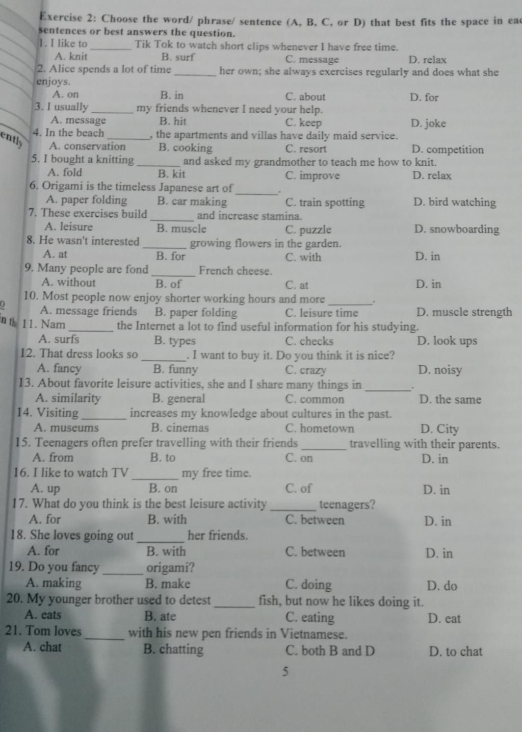 Cently Q Nth Exercise 2: Choose The Word/ Phrase/ Sentence (A, B, C, Or ...