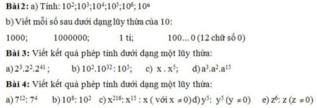 Bài 2: A) Tính: 102;103;104;10;106;101 B) Viết Mỗi Số Sau Dưới Dạng Lũy ...