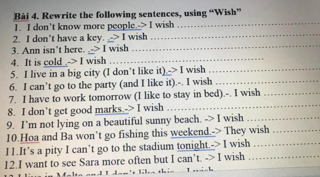 Bài 4 Rewrite The Following Sentences Using Wish 1 I Don T Know More People I Wish 2 I