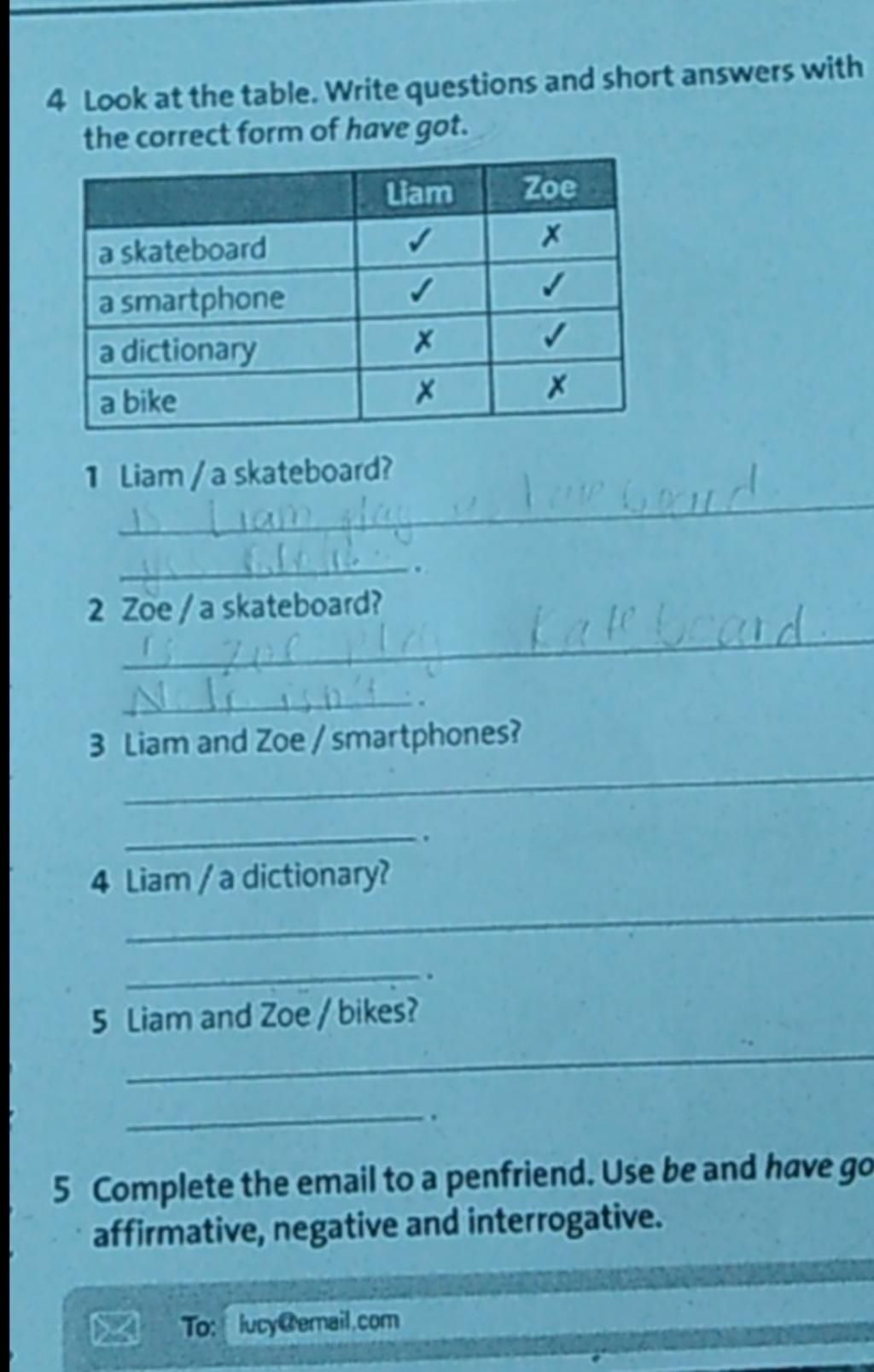 4 Look at the table. Write questions and short answers with the correct
