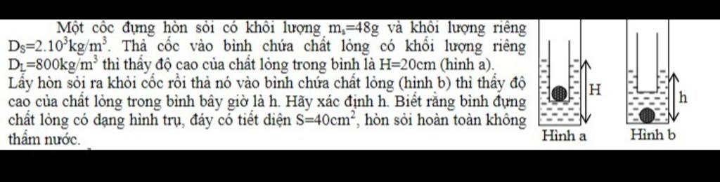 Một cốc đựng hòn sỏi có khối lượng m 48g và khối lượng riêng Ds 2 10kg m Thả cốc vào bình chứa