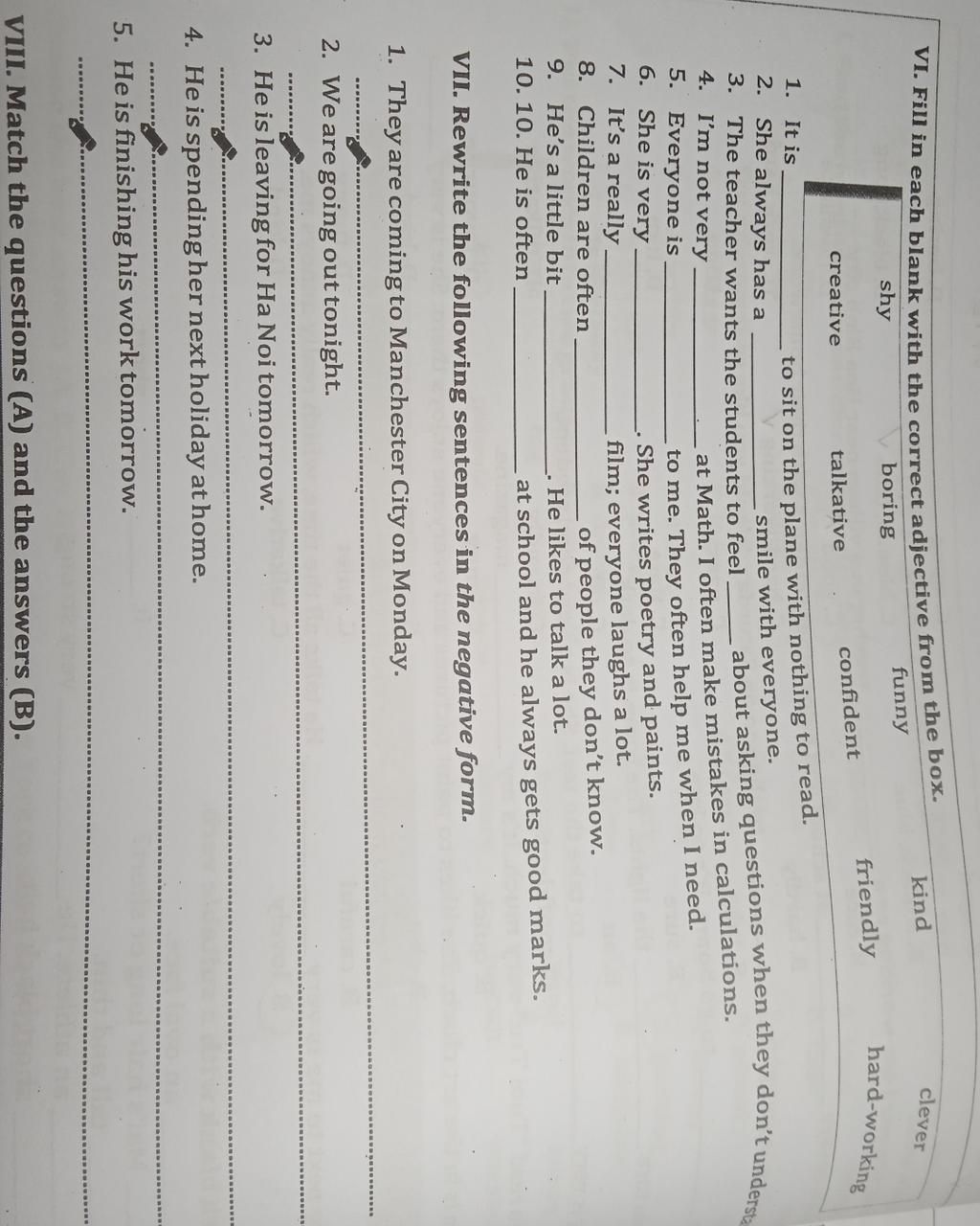 VI. Fill in each blank with the correct adjective from the box. shy ...