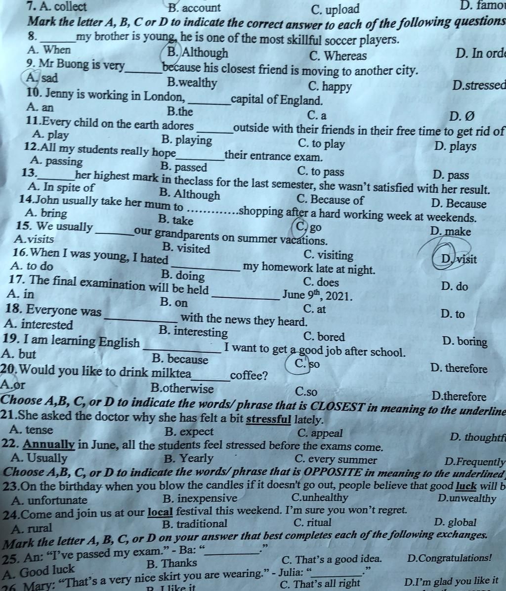 D. famou 7. A. collect B. account C. upload Mark the letter A, B, C or ...