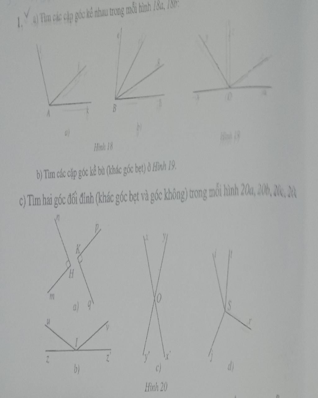 1, Na) Tìm các cặp góc kể nhau trong mỗi hình 180, 19 KKI Hình 18 ...