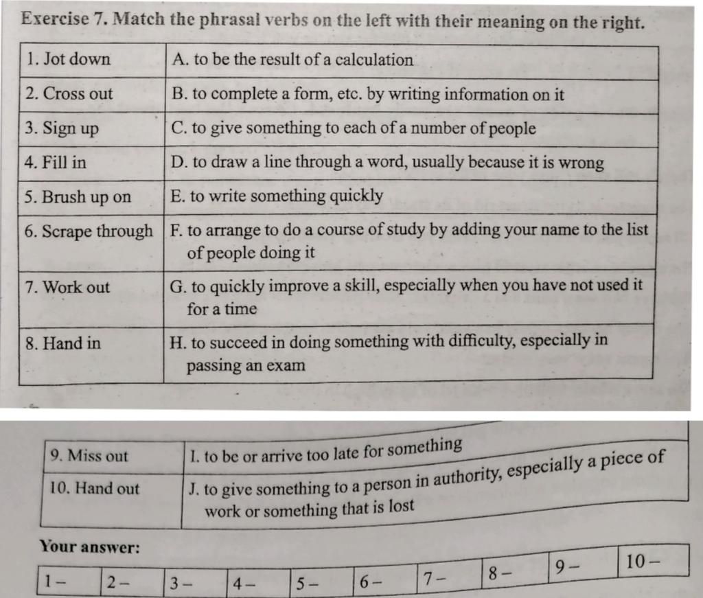 Exercise 7. Match the phrasal verbs on the left with their meaning on