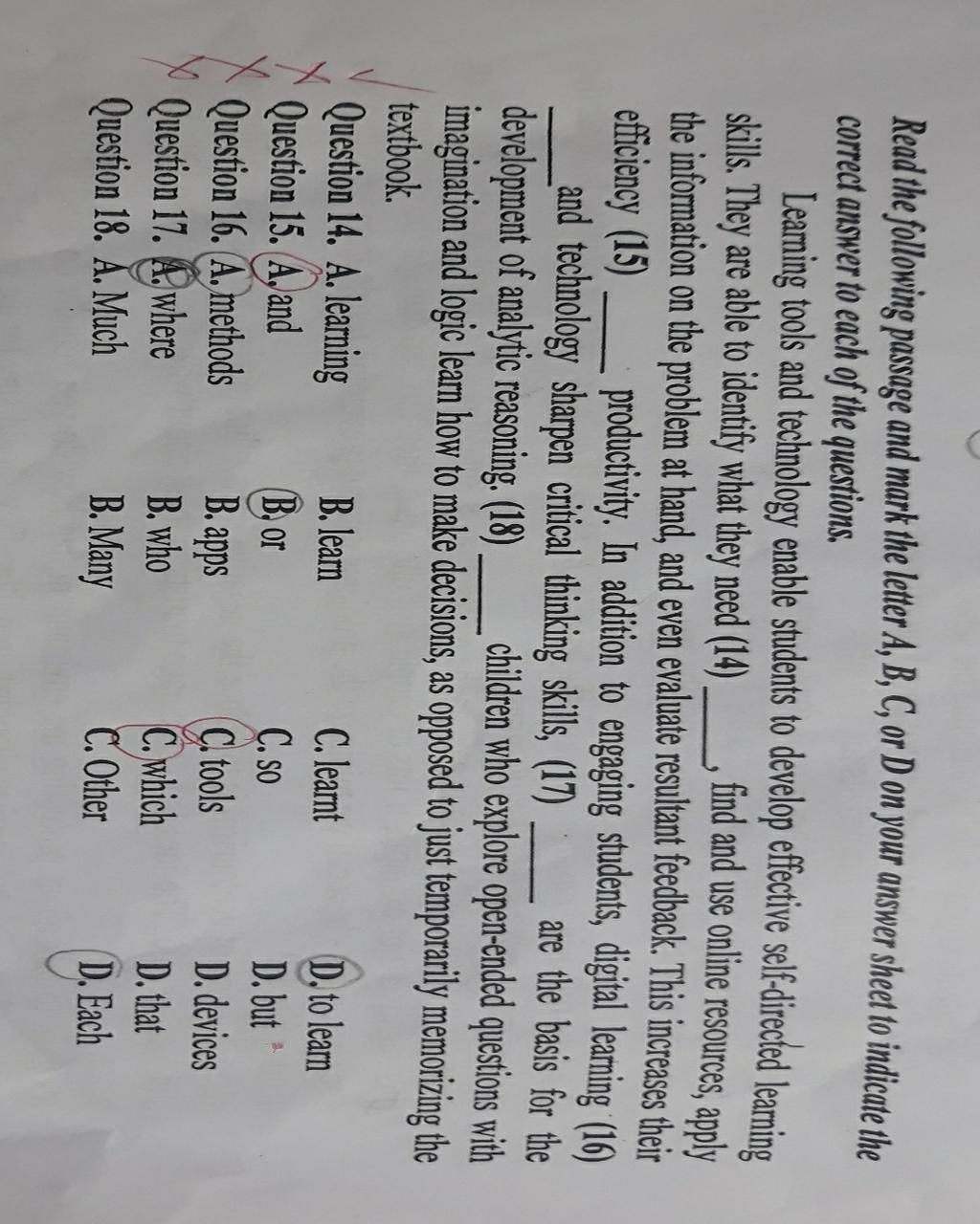 Read The Following Passage And Mark The Letter A, B, C, Or D On Your ...