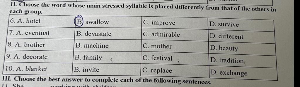 II. Choose The Word Whose Main Stressed Syllable Is Placed Differently ...