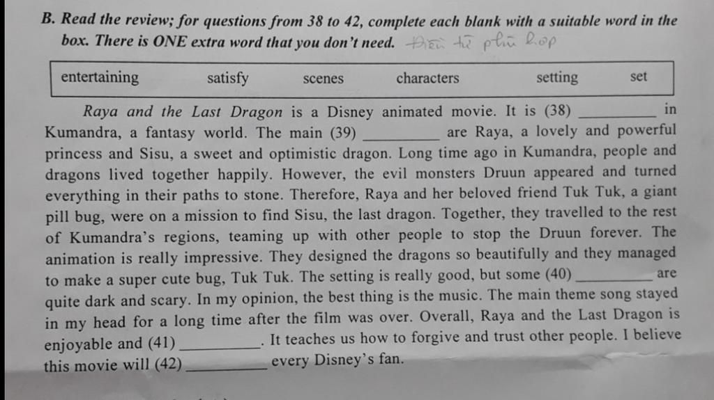 B. Read the review; for questions from 38 to 42, complete each blank ...