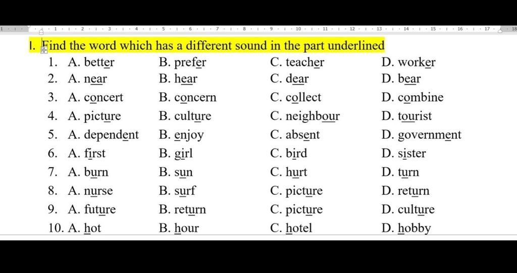 1 718 1 9 10 111 1 12 13 1. Find The Word Which Has A Different Sound ...