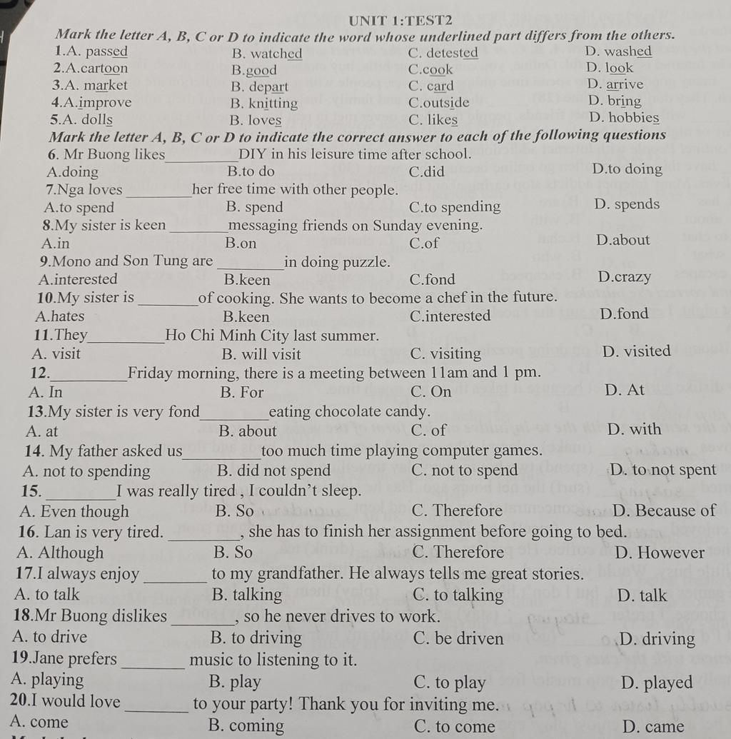 UNIT 1:TEST2 Mark The Letter A, B, C Or D To Indicate The Word Whose ...