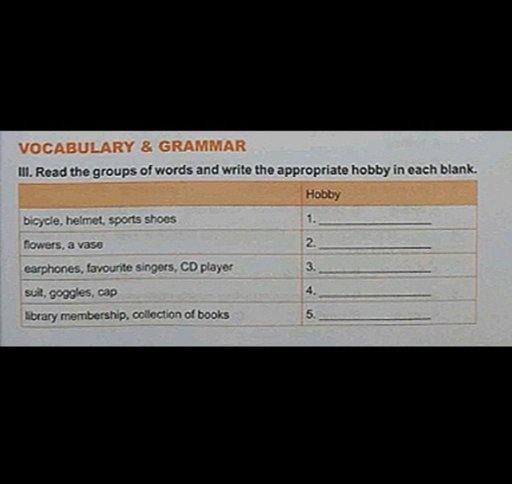 VOCABULARY & GRAMMAR III. Read the groups of words and write the appropriate hobby in each blank