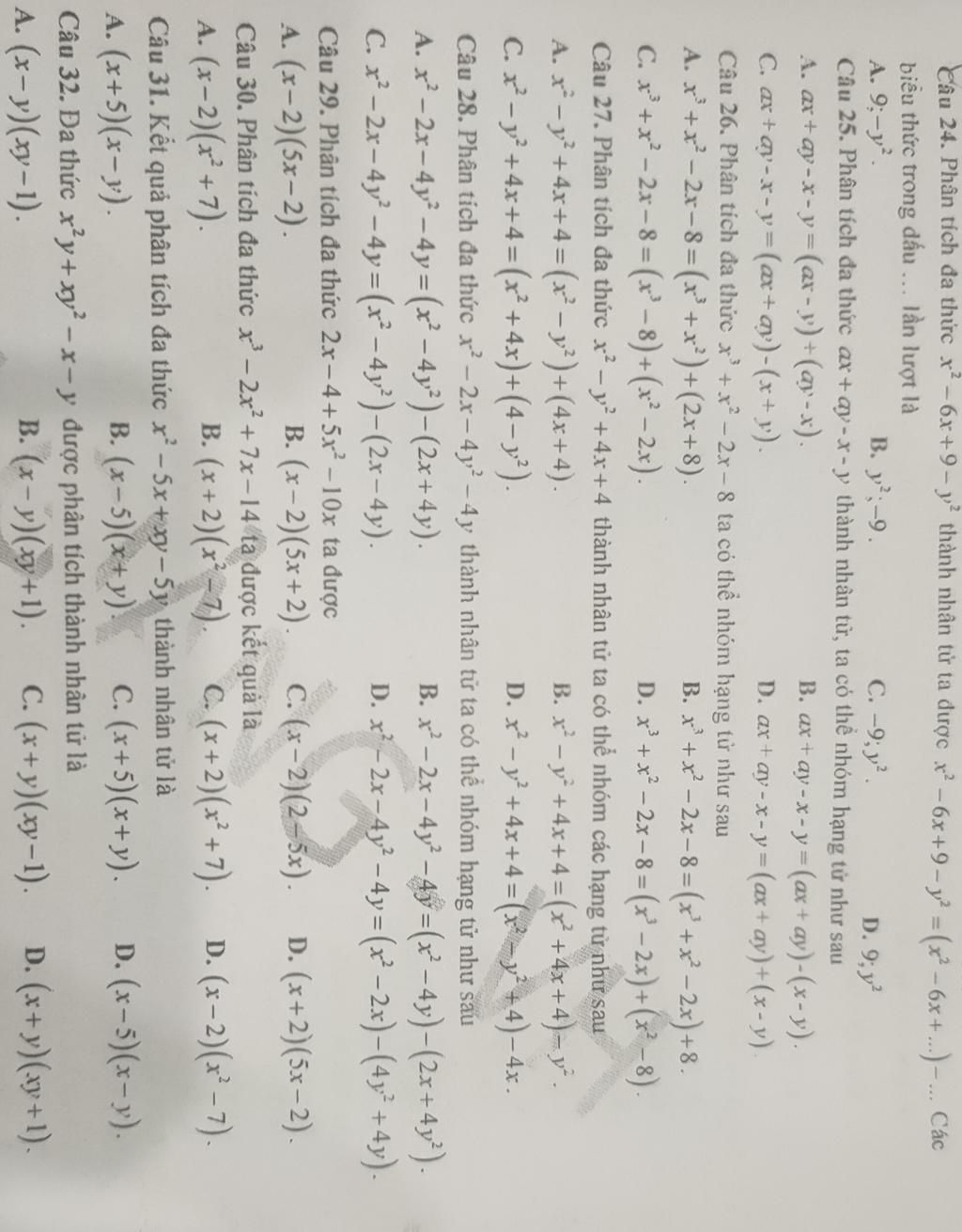 Câu 24 Phân Tích đa Thức R’ 6r 9− Y Thành Nhân Tử Ta được Rẻ 6x 9 Y X 6x Các