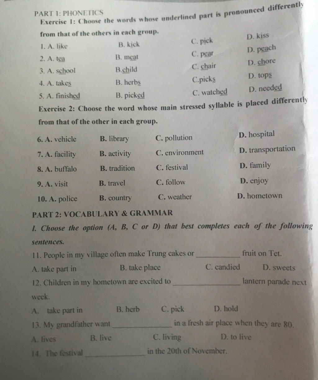 PART 1: PHONETICS Exercise 1: Choose The Words Whose Underlined Part Is ...