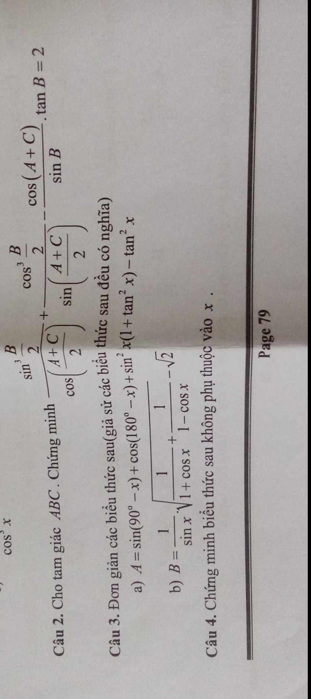 Cos X Câu 2. Cho Tam Giác ABC. Chứng Minh Sin B) B= COS ·+· 3 B 2 A+C 1 ...