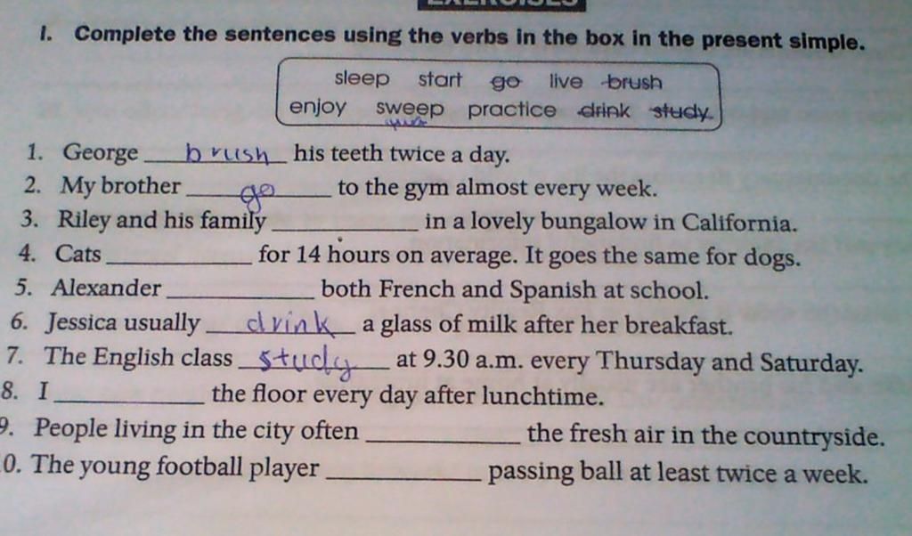 I. Complete the sentences using the verbs in the box in the present