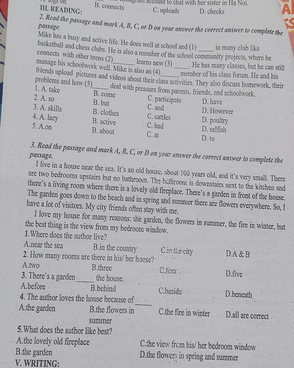 Gs On III. READING: B. Connects B. Come B. But B. Clothes 2. Read The ...