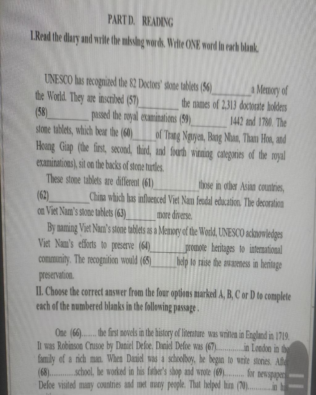 Part d reading 1 read the diary and write the missing words write one