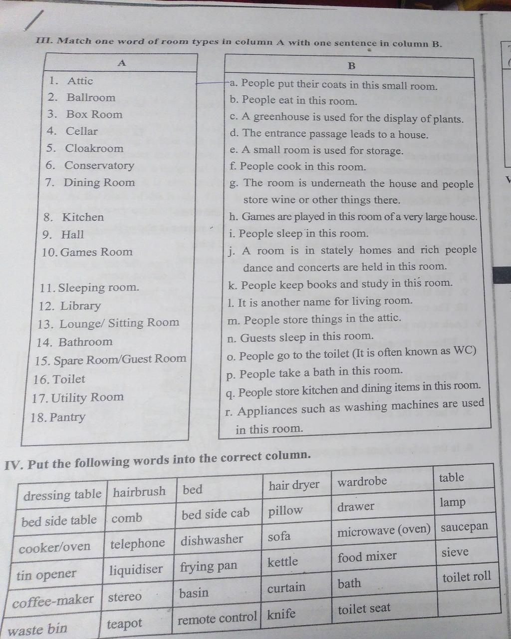 III. Match one word of room types in column A with one sentence in