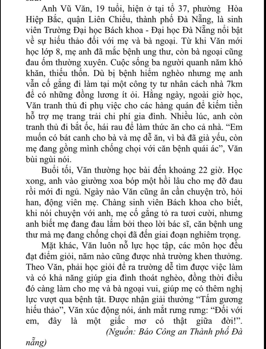 Viết bài văn biểu cảm về anh Vũ Văn từ ngữ liệu sau đâyAnh Vũ Văn, 19 ...