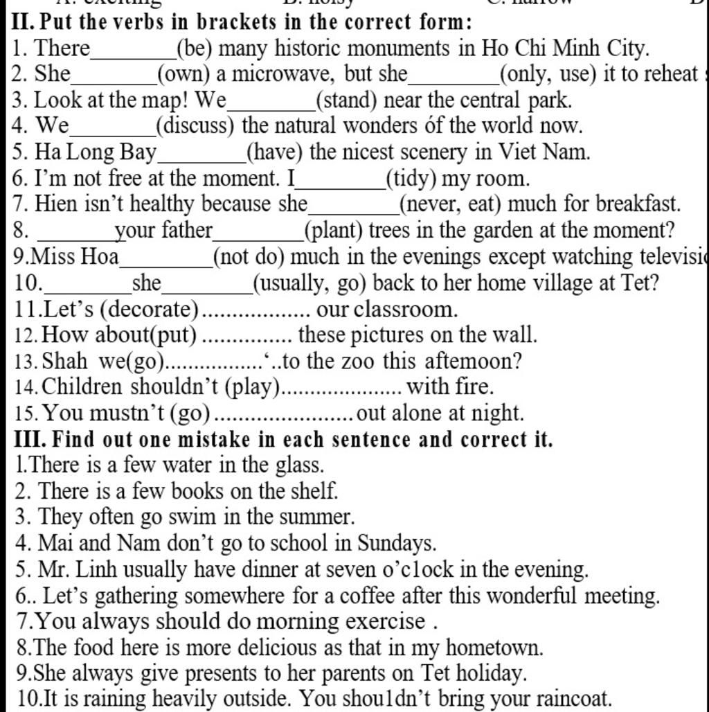 II. Put the verbs in brackets in the correct form: 1. There 2. She 3 ...