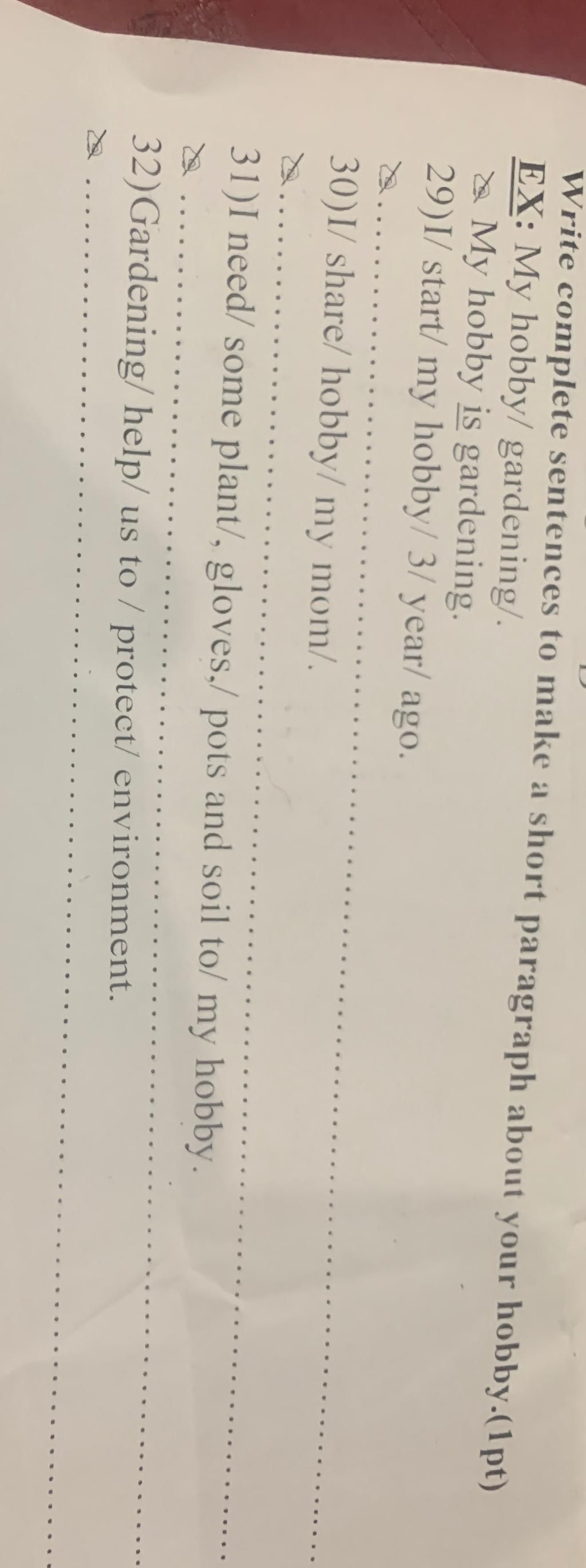 Write complete sentences to make a short paragraph about your hobby.(1