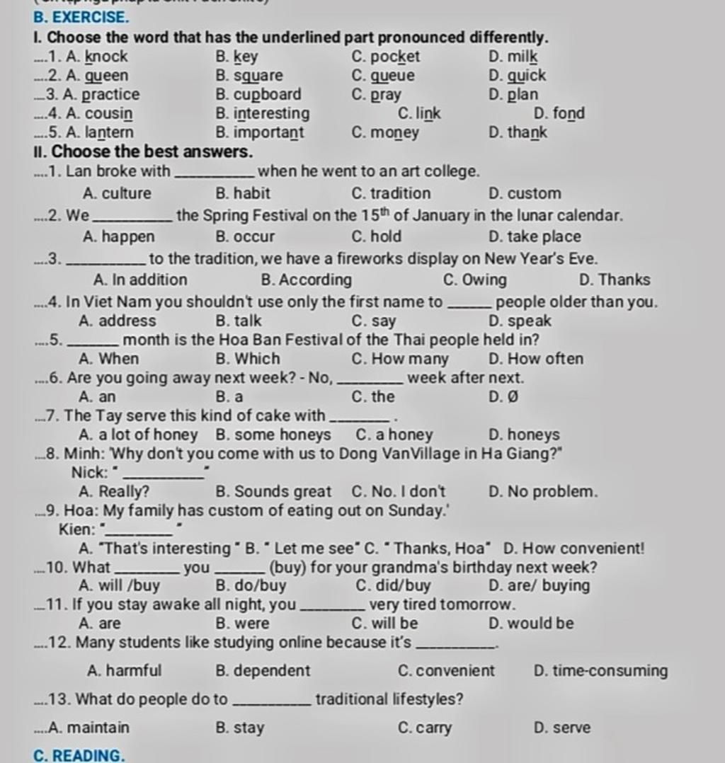 B EXERCISE I Choose The Word That Has The Underlined Part Pronounced B exercise i choose the word that has the underlined part pronounced