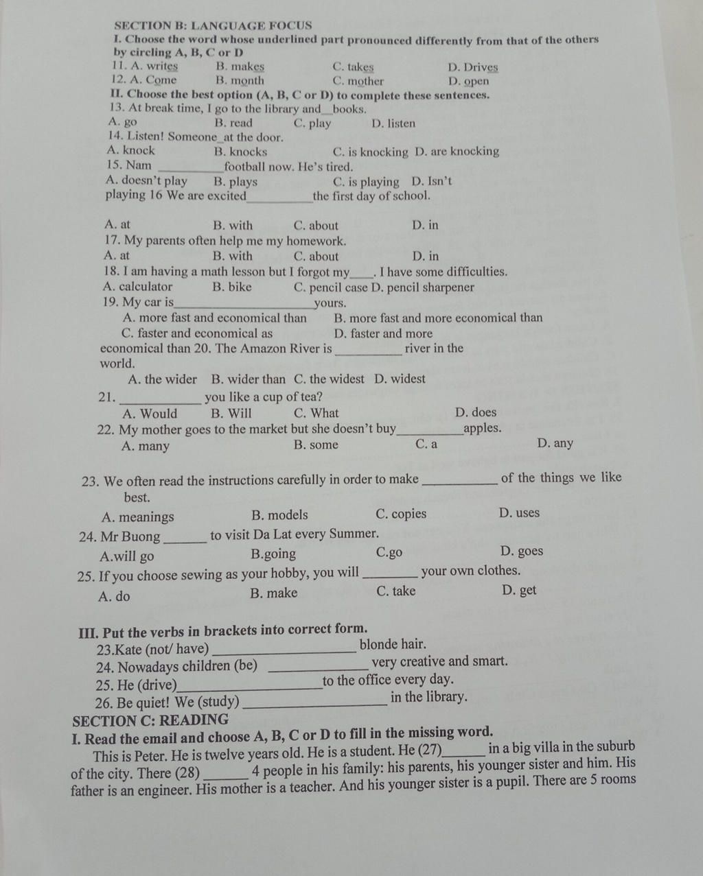 SECTION B: LANGUAGE FOCUS I. Choose The Word Whose Underlined Part ...