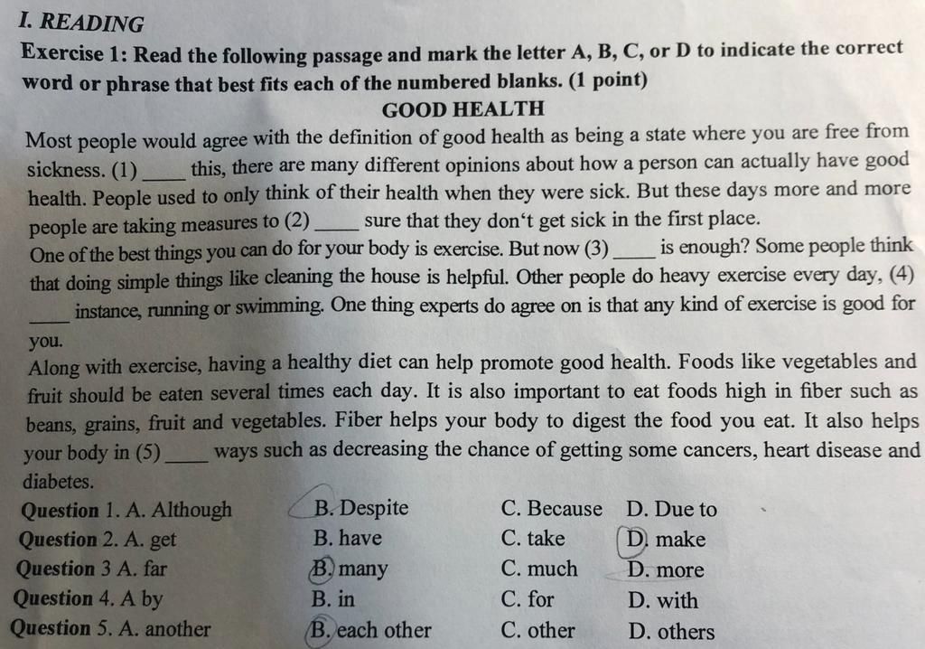 I. READING Exercise 1: Read The Following Passage And Mark The Letter A ...