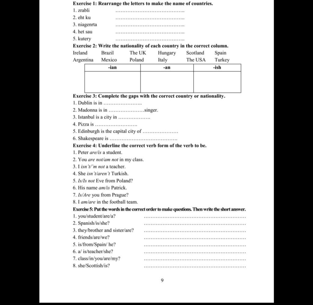 Exercise 1: Rearrange the letters to make the name of countries. 1 ...