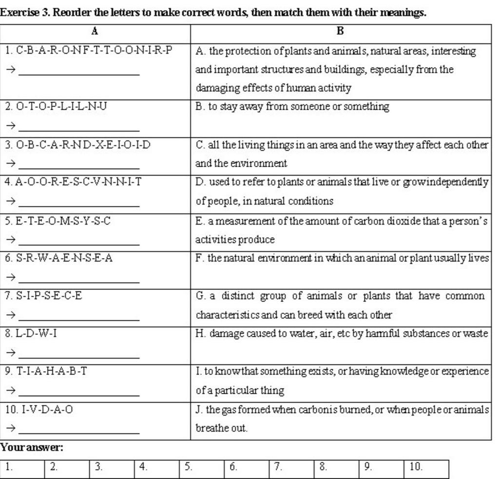 Exercise 3. Reorder the letters to make correct words, then match them ...