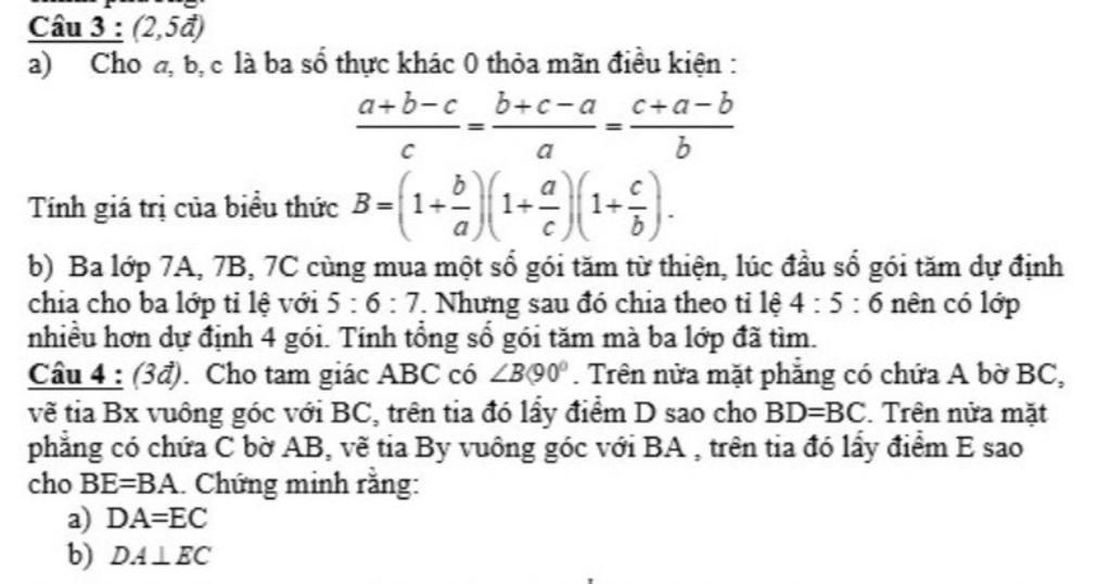 Câu 3 : (2,5đ) A) Cho A, B, C Là Ba Số Thực Khác 0 Thỏa Mãn điều Kiện ...