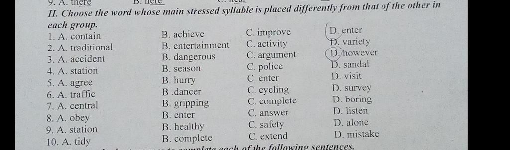 9. A. There II. Choose The Word Whose Main Stressed Syllable Is Placed ...