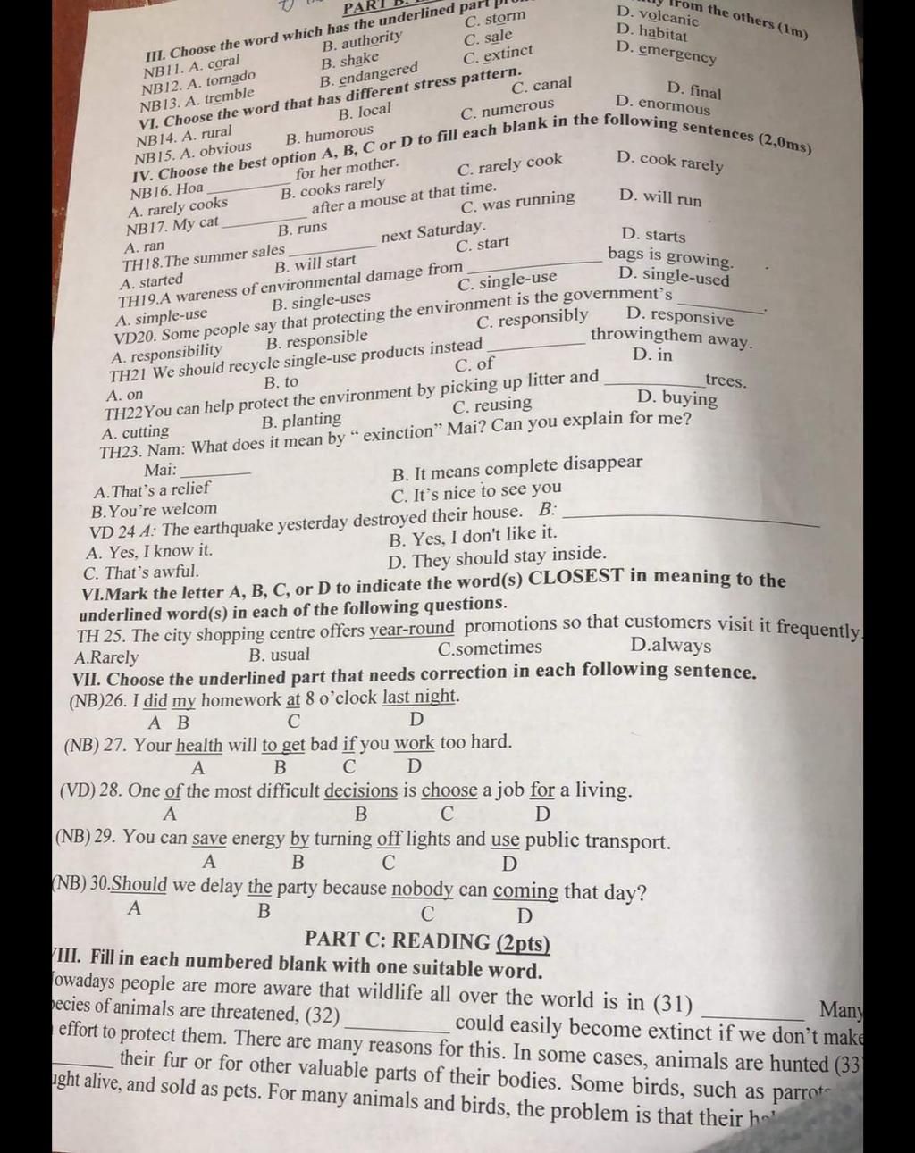 PA III. Choose The Word Which Has The Underlined Part NB11. A. Coral ...